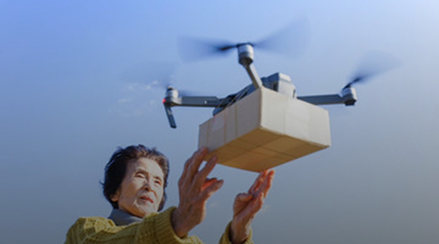 Drone delivery to elderly woman